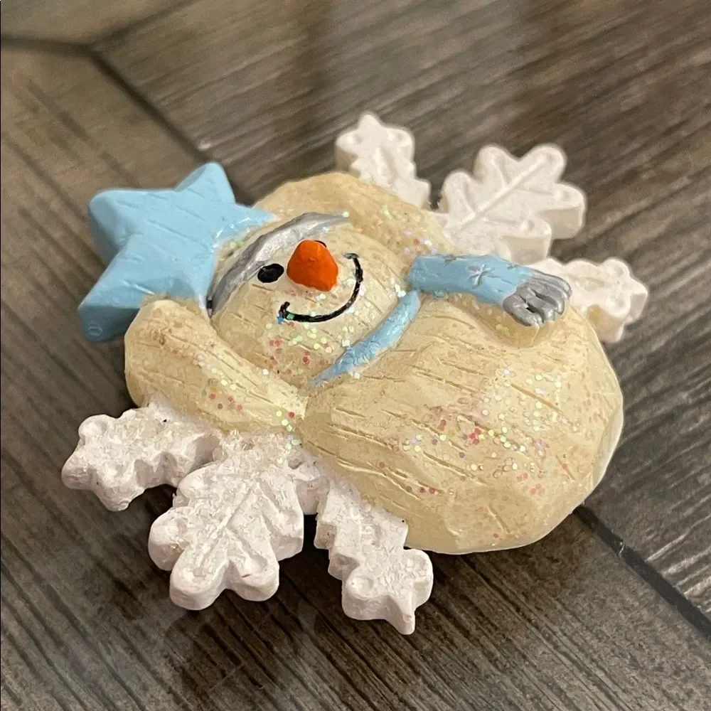 Vintage Charming Cream Snowman & Snowflake Pin with Blue Accents Holiday Brooch